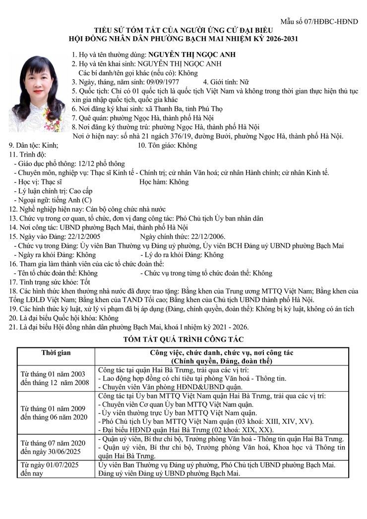 Niêm yết công khai danh sách chính thức và tiểu sử tóm tắt những người ứng cử Đại biểu HĐND phường Bạch Mai khóa II, Nhiệm kỳ 2026 - 2031, tại đơn vị bầu cử số 3- Ảnh 2.