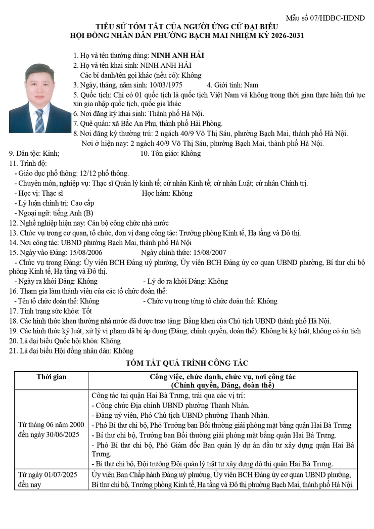 Niêm yết công khai danh sách chính thức và tiểu sử tóm tắt những người ứng cử Đại biểu HĐND phường Bạch Mai khóa II, Nhiệm kỳ 2026 - 2031, tại đơn vị bầu cử số 5- Ảnh 2.
