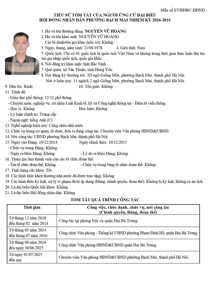 Niêm yết công khai danh sách chính thức và tiểu sử tóm tắt những người ứng cử Đại biểu HĐND phường Bạch Mai khóa II, Nhiệm kỳ 2026 - 2031, tại đơn vị bầu cử số 5- Ảnh 5.