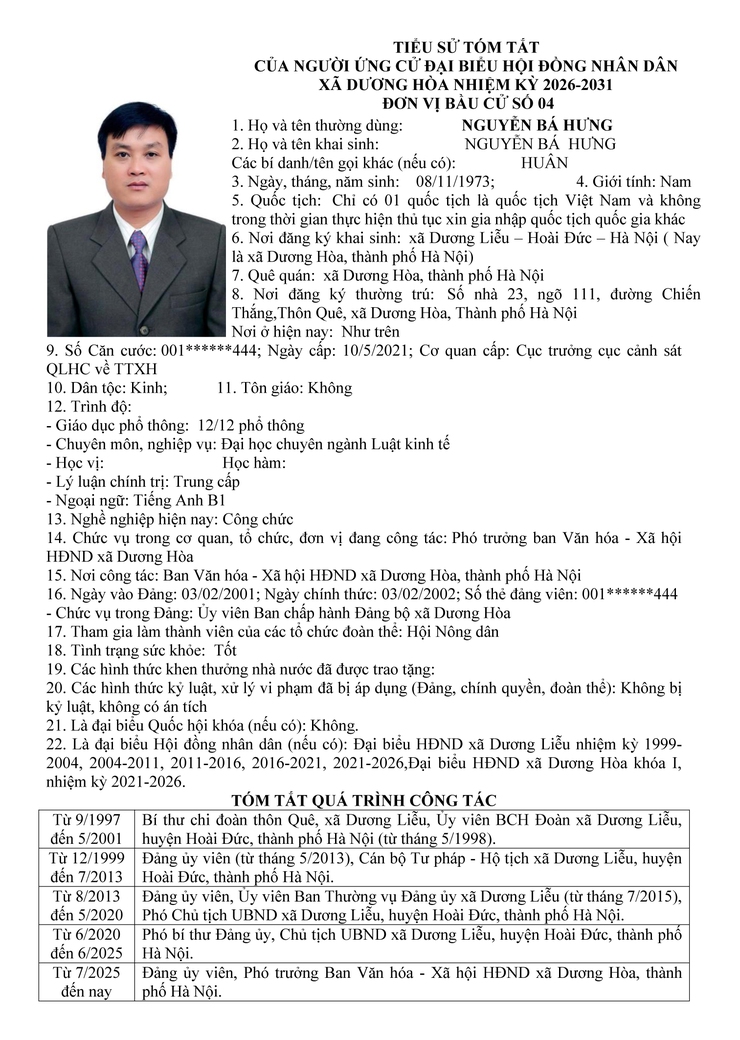 DANH SÁCH CHÍNH THỨC NHỮNG NGƯỜI ỨNG CỬ ĐẠI BIỂU HĐND XÃ DƯƠNG HOÀ KHOÁ II NHIỆM KỲ 2026-2031- Ảnh 20.