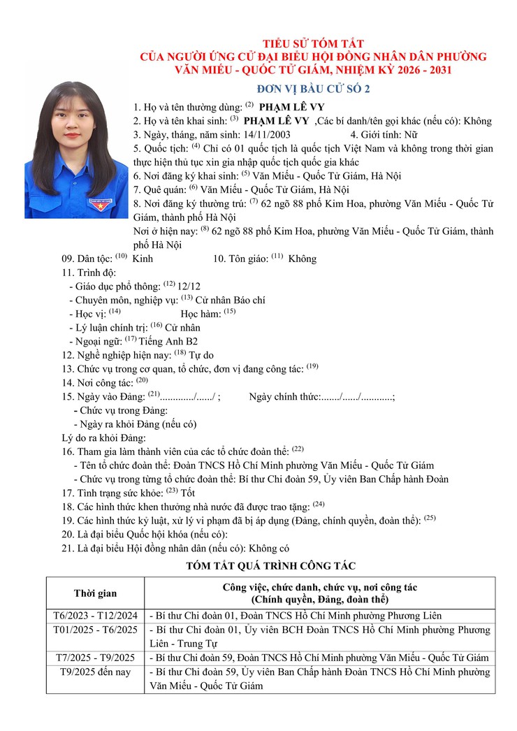 TIỂU SỬ TÓM TẮT NGƯỜI ỨNG CỬ ĐƠN VỊ BẦU CỬ SỐ 2: PHẠM LÊ VY - Ảnh 1.