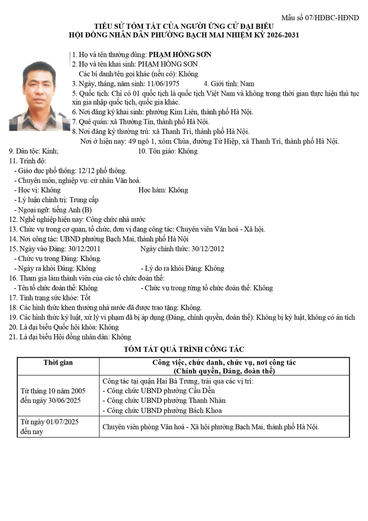 Niêm yết công khai danh sách chính thức và tiểu sử tóm tắt những người ứng cử Đại biểu HĐND phường Bạch Mai khóa II, Nhiệm kỳ 2026 - 2031, tại đơn vị bầu cử số 3- Ảnh 7.