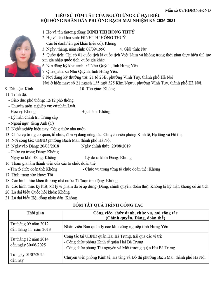 Niêm yết công khai danh sách chính thức và tiểu sử tóm tắt những người ứng cử Đại biểu HĐND phường Bạch Mai khóa II, Nhiệm kỳ 2026 - 2031, tại đơn vị bầu cử số 2- Ảnh 9.