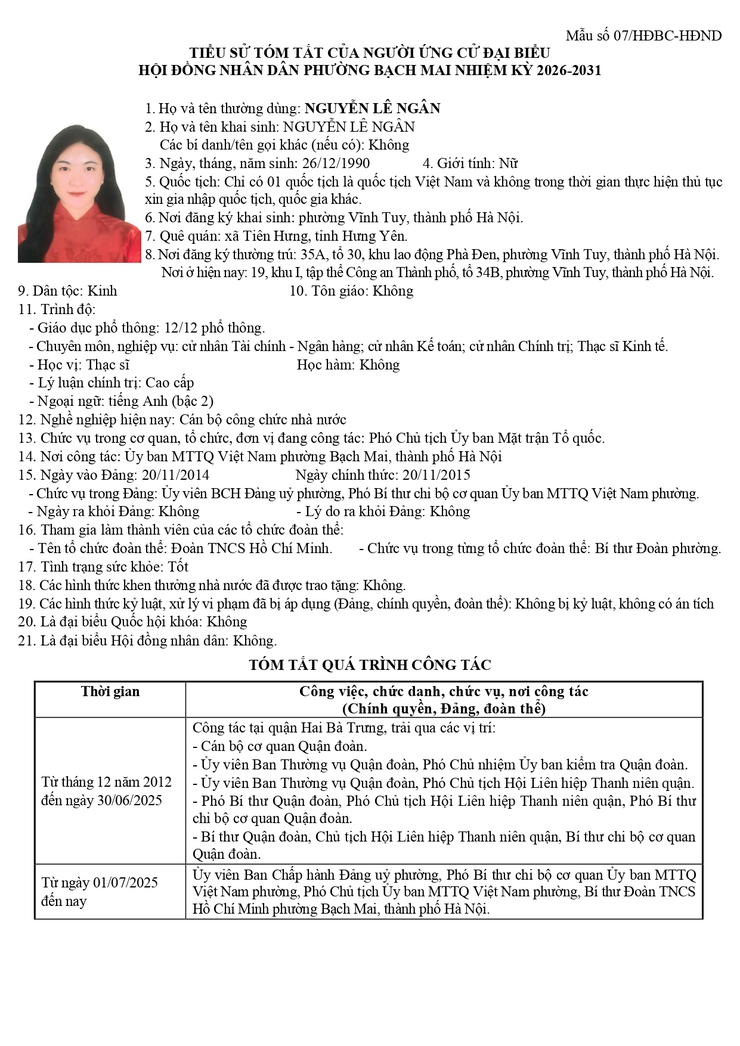 Niêm yết công khai danh sách chính thức và tiểu sử tóm tắt những người ứng cử Đại biểu HĐND phường Bạch Mai khóa II, Nhiệm kỳ 2026 - 2031, tại đơn vị bầu cử số 3- Ảnh 5.