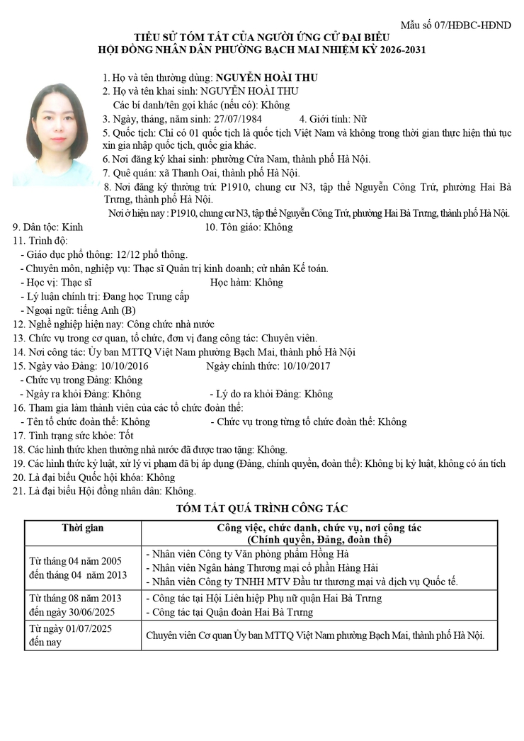 Niêm yết công khai danh sách chính thức và tiểu sử tóm tắt những người ứng cử Đại biểu HĐND phường Bạch Mai khóa II, Nhiệm kỳ 2026 - 2031, tại đơn vị bầu cử số 2- Ảnh 7.