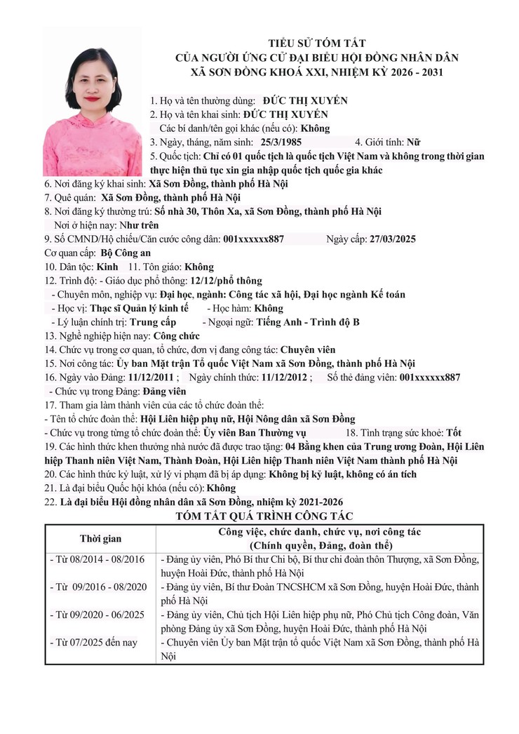 Danh sách chính thức nhân sự ứng cử đại biểu Hội đồng nhân dân xã Sơn Đồng- Ảnh 52.