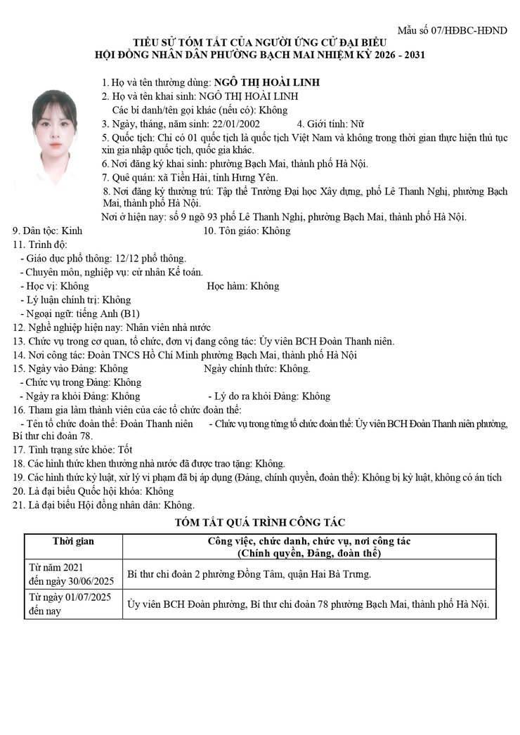 Niêm yết công khai danh sách chính thức và tiểu sử tóm tắt những người ứng cử Đại biểu HĐND phường Bạch Mai khóa II, Nhiệm kỳ 2026 - 2031, tại đơn vị bầu cử số 5- Ảnh 7.