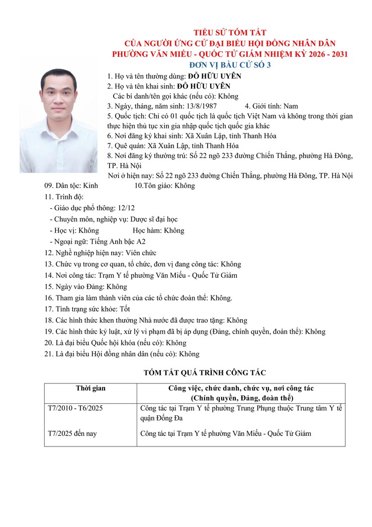 TIỂU SỬ TÓM TẮT NGƯỜI ỨNG CỬ ĐƠN VỊ BẦU CỬ SỐ 3: ĐỖ HỮU UYÊN- Ảnh 1.