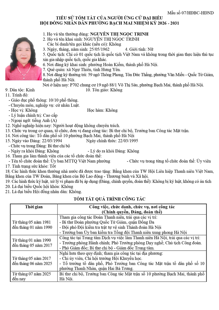 Niêm yết công khai danh sách chính thức và tiểu sử tóm tắt những người ứng cử Đại biểu HĐND phường Bạch Mai khóa II, Nhiệm kỳ 2026 - 2031, đơn vị bầu cử số 1- Ảnh 9.