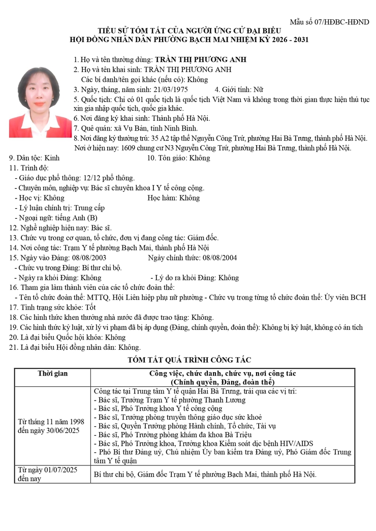 Niêm yết công khai danh sách chính thức và tiểu sử tóm tắt những người ứng cử Đại biểu HĐND phường Bạch Mai khóa II, Nhiệm kỳ 2026 - 2031, tại đơn vị bầu cử số 6- Ảnh 2.
