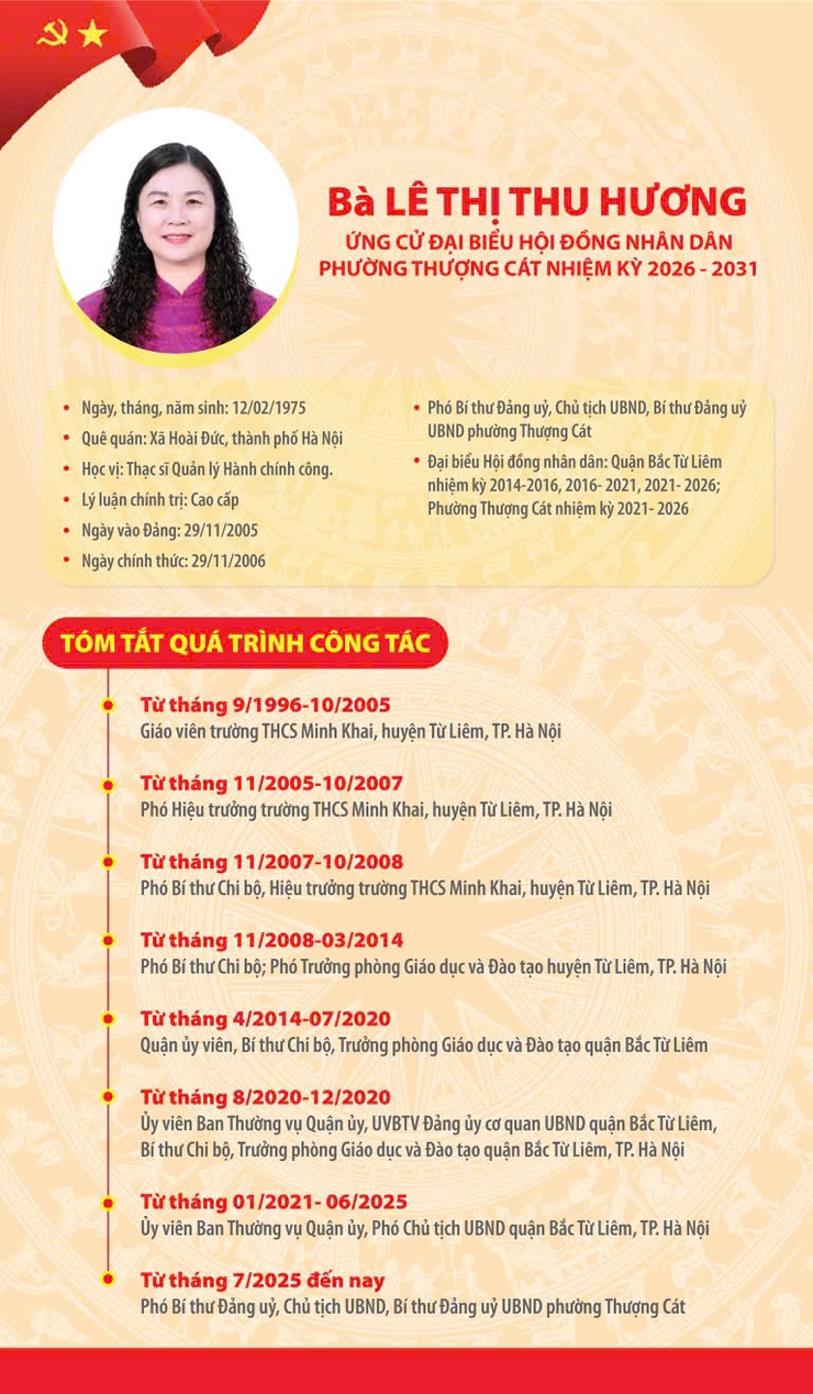Đồng chí Lê Thị Thu Hương - Phó Bí thư Đảng uỷ, Chủ tịch UBND, Bí thư Đảng uỷ UBND phường Thượng Cát ứng cử đại biểu HĐND Phường khóa II, nhiệm kỳ 2026-2031- Ảnh 1.