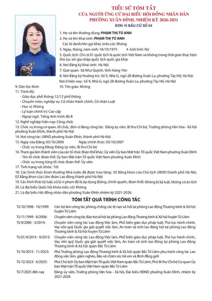 GIỚI THIỆU TIỂU SỬ ỨNG CỬ VIÊN ĐẠI BIỂU HĐND PHƯỜNG TẠI ĐƠN VỊ BẦU CỬ SỐ 04- Ảnh 2.