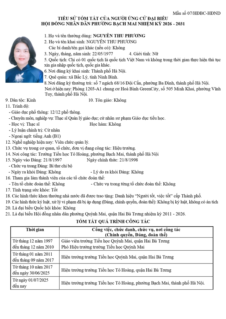 Niêm yết công khai danh sách chính thức và tiểu sử tóm tắt những người ứng cử Đại biểu HĐND phường Bạch Mai khóa II, Nhiệm kỳ 2026 - 2031, tại đơn vị bầu cử số 2- Ảnh 2.