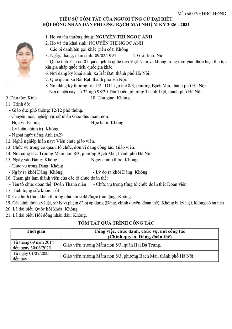 Niêm yết công khai danh sách chính thức và tiểu sử tóm tắt những người ứng cử Đại biểu HĐND phường Bạch Mai khóa II, Nhiệm kỳ 2026 - 2031, tại đơn vị bầu cử số 4- Ảnh 2.