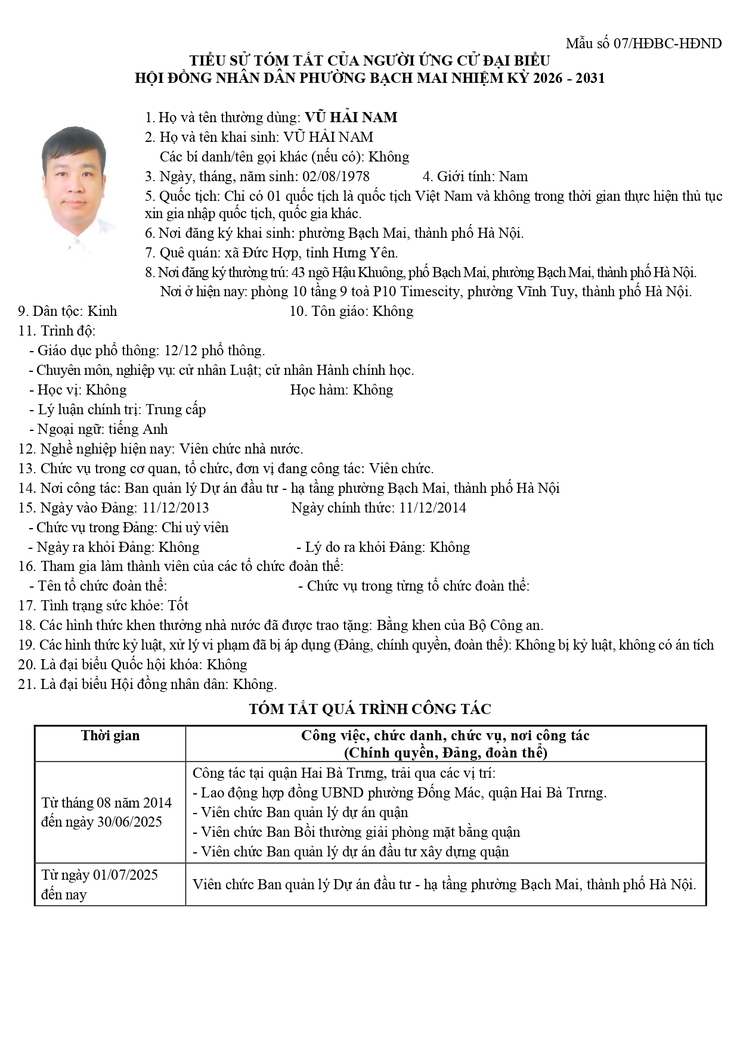 Niêm yết công khai danh sách chính thức và tiểu sử tóm tắt những người ứng cử Đại biểu HĐND phường Bạch Mai khóa II, Nhiệm kỳ 2026 - 2031, đơn vị bầu cử số 1- Ảnh 6.