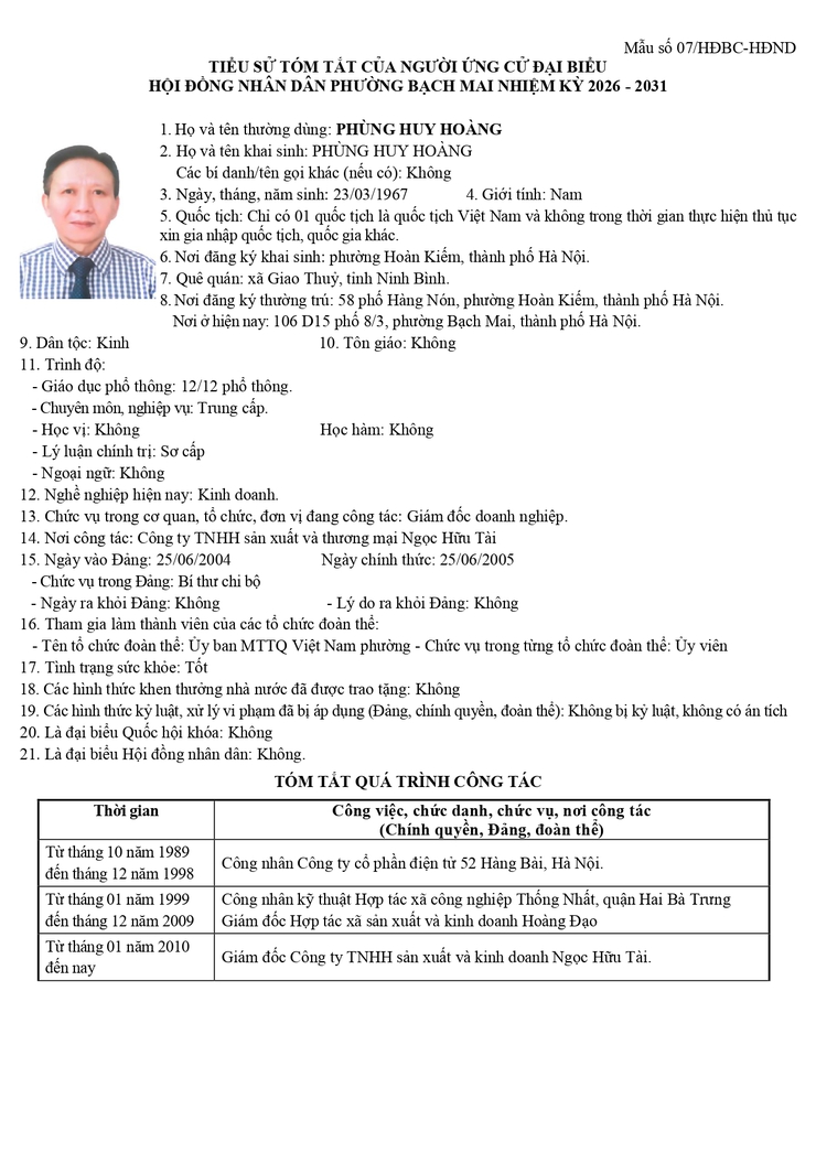 Niêm yết công khai danh sách chính thức và tiểu sử tóm tắt những người ứng cử Đại biểu HĐND phường Bạch Mai khóa II, Nhiệm kỳ 2026 - 2031, đơn vị bầu cử số 1- Ảnh 5.