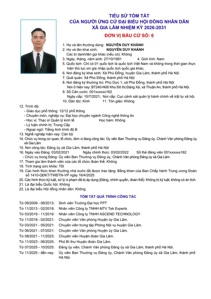 Tiểu sử những người ứng cử đại biểu HĐND xã Gia Lâm, nhiệm kỳ 2026-2031, đơn vị bầu cử số 6- Ảnh 8.