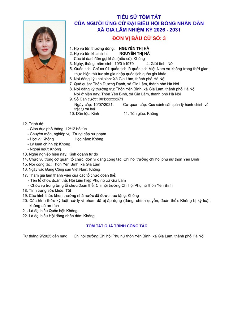 Tiểu sử những người ứng cử đại biểu HĐND xã Gia Lâm, nhiệm kỳ 2026-2031, đơn vị bầu cử số 3- Ảnh 3.