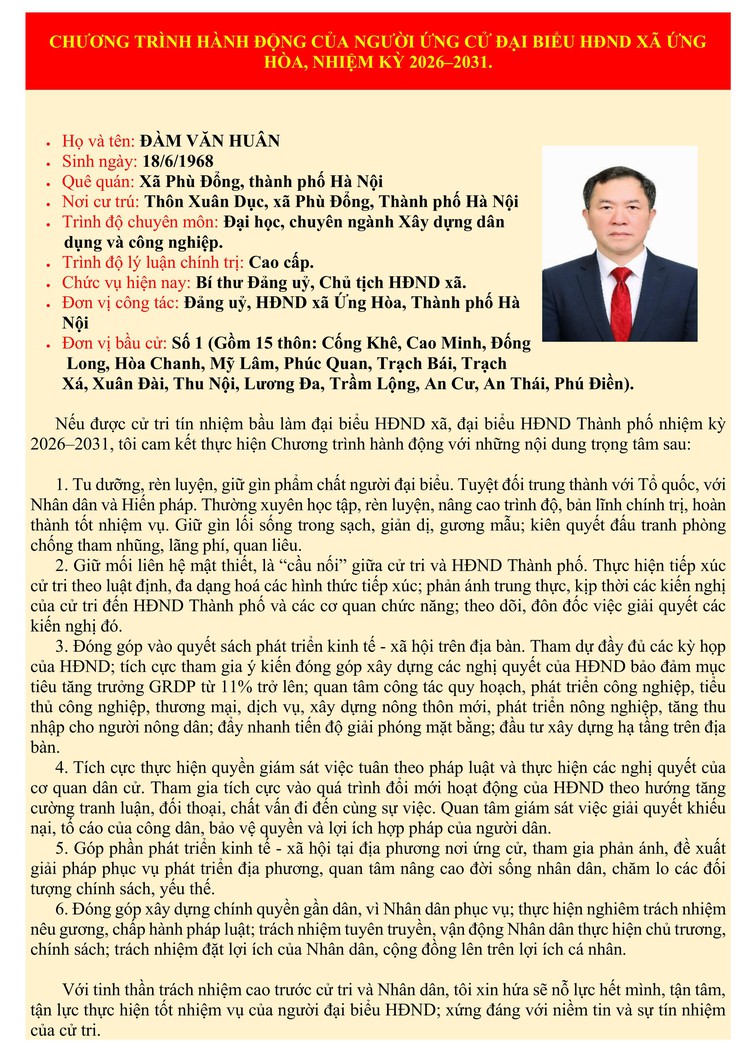  TÓM TẮT QUÁ TRÌNH CÔNG TÁC VÀ CHƯƠNG TRÌNH HÀNH ĐỘNG CỦA ĐỒNG CHÍ ĐÀM VĂN HUÂN - BÍ THƯ ĐẢNG UỶ, CHỦ TỊCH HĐND XÃ ỨNG HOÀ.- Ảnh 2.