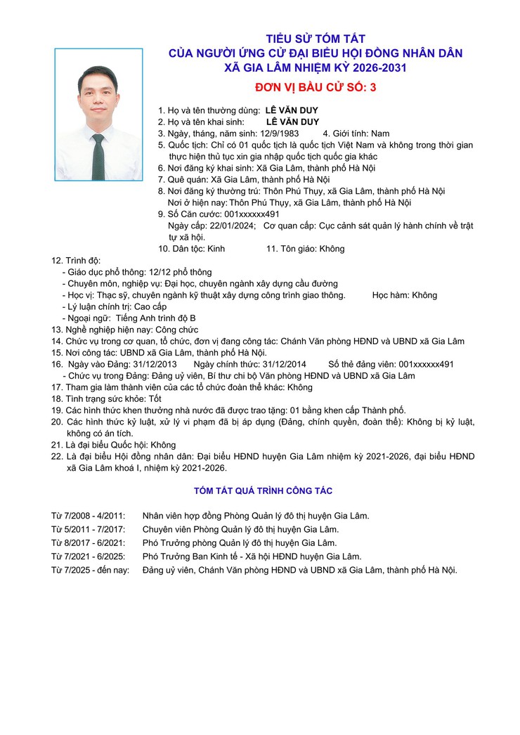 Tiểu sử những người ứng cử đại biểu HĐND xã Gia Lâm, nhiệm kỳ 2026-2031, đơn vị bầu cử số 3- Ảnh 2.