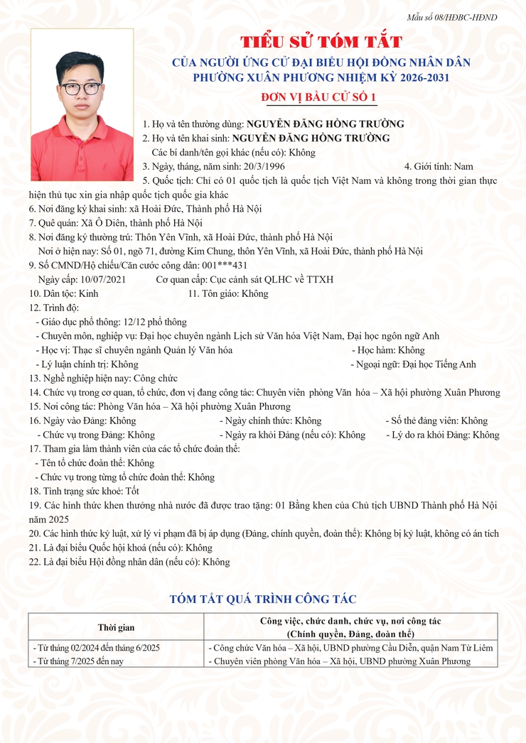 Đơn vị bầu cử số 1: Tiểu sử tóm tắt những người ứng cử HĐND phường Xuân Phương, nhiệm kỳ 2026-2031- Ảnh 6.