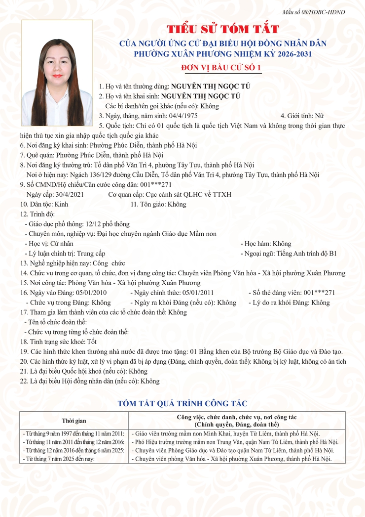 Đơn vị bầu cử số 1: Tiểu sử tóm tắt những người ứng cử HĐND phường Xuân Phương, nhiệm kỳ 2026-2031- Ảnh 8.