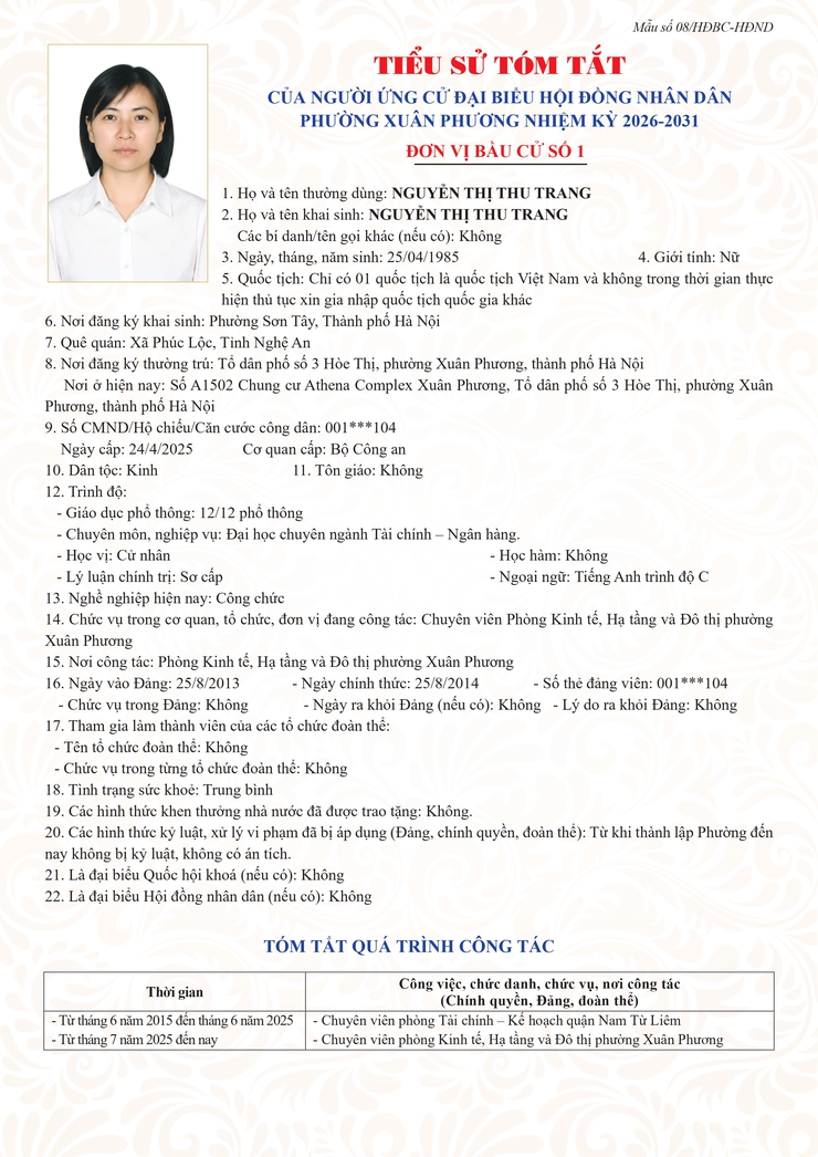 Đơn vị bầu cử số 1: Tiểu sử tóm tắt những người ứng cử HĐND phường Xuân Phương, nhiệm kỳ 2026-2031- Ảnh 7.