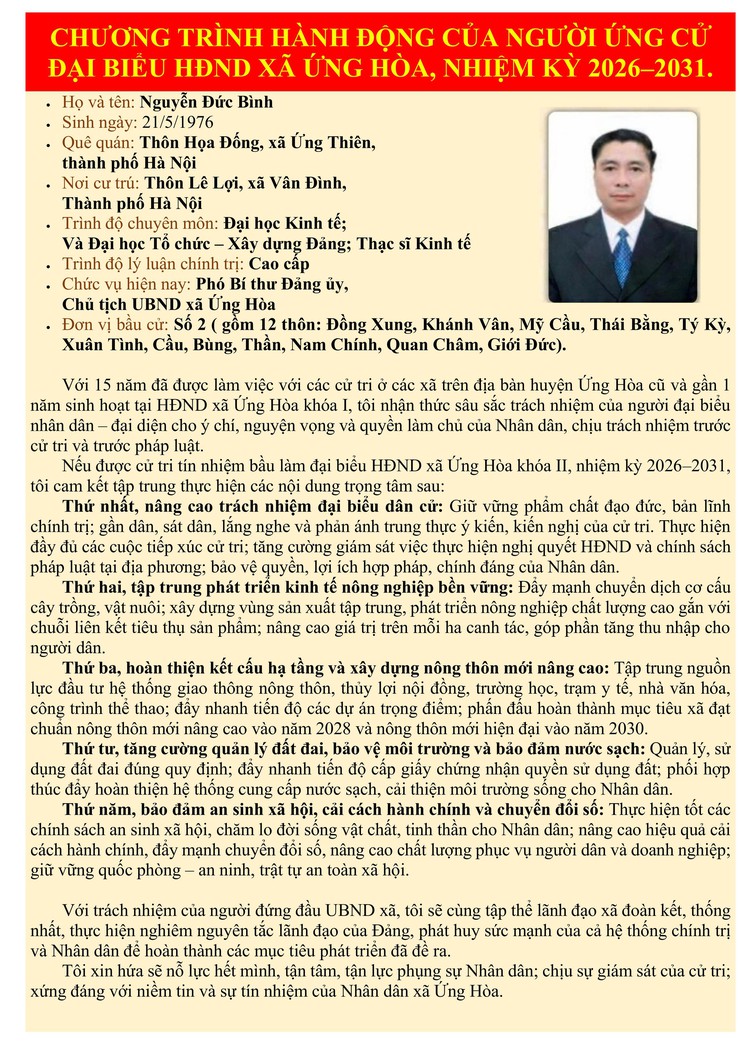 TÓM TẮT QUÁ TRÌNH CÔNG TÁC VÀ CHƯƠNG TRÌNH HÀNH ĐỘNG CỦA ĐỒNG CHÍ NGUYỄN ĐỨC BÌNH - PHÓ BÍ THƯ ĐẢNG UỶ, CHỦ TỊCH UBND XÃ ỨNG HOÀ.- Ảnh 2.