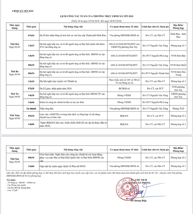 LỊCH CÔNG TÁC TUẦN CỦA THƯỜNG TRỰC UBND XÃ YÊN BÀI- Ảnh 1.