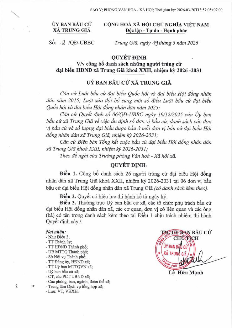 UỶ BAN BẦU CỬ XÃ TRUNG GIÃ CÔNG BỐ KẾT QUẢ BẦU CỬ VÀ DANH SÁCH CHÍNH THỨC NHỮNG NGƯỜI TRÚNG CỬ ĐẠI BIỂU HĐND XÃ TRUNG GIÃ KHÓA XXII, NHIỆM KỲ 2026-2031- Ảnh 1.