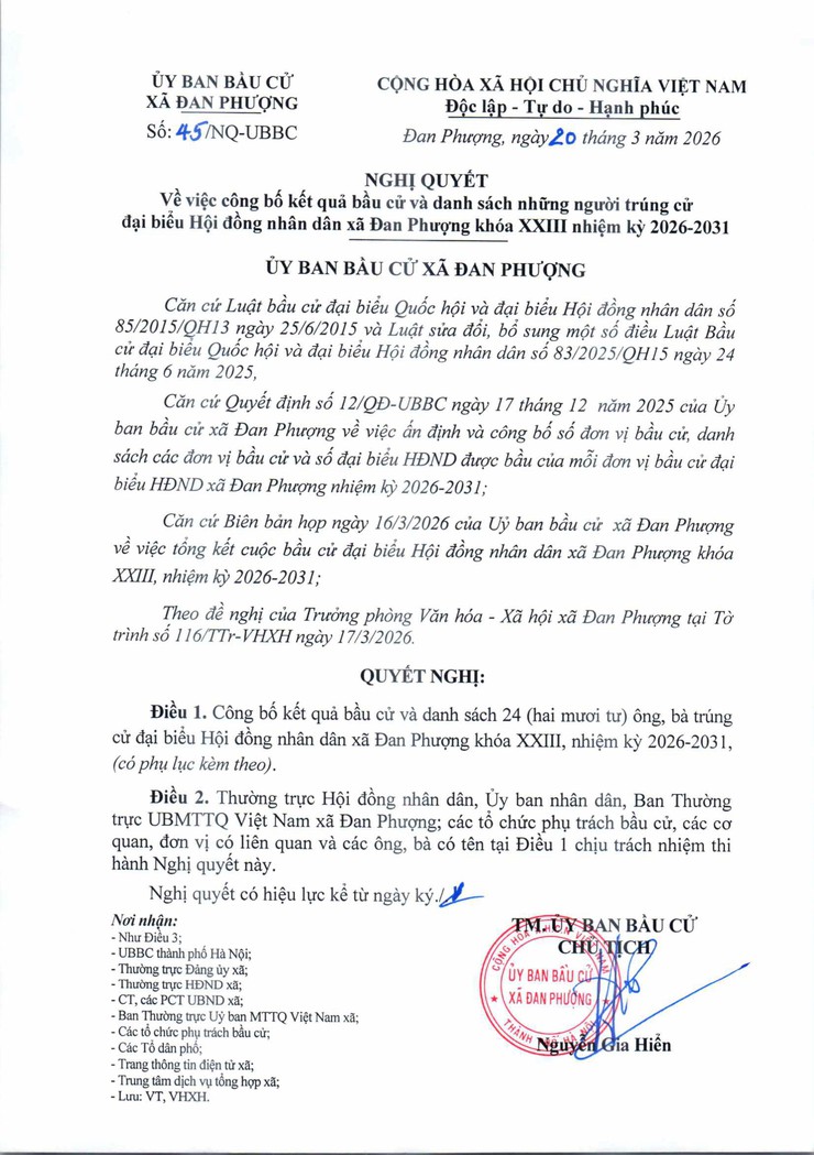 Nghị quyết về việc công bố kết quả bầu cử và danh sách những người trúng cử đại biểu Hội đồng nhân dân xã Đan Phượng khoá XXIII nhiệm kỳ 2026-2031- Ảnh 1.