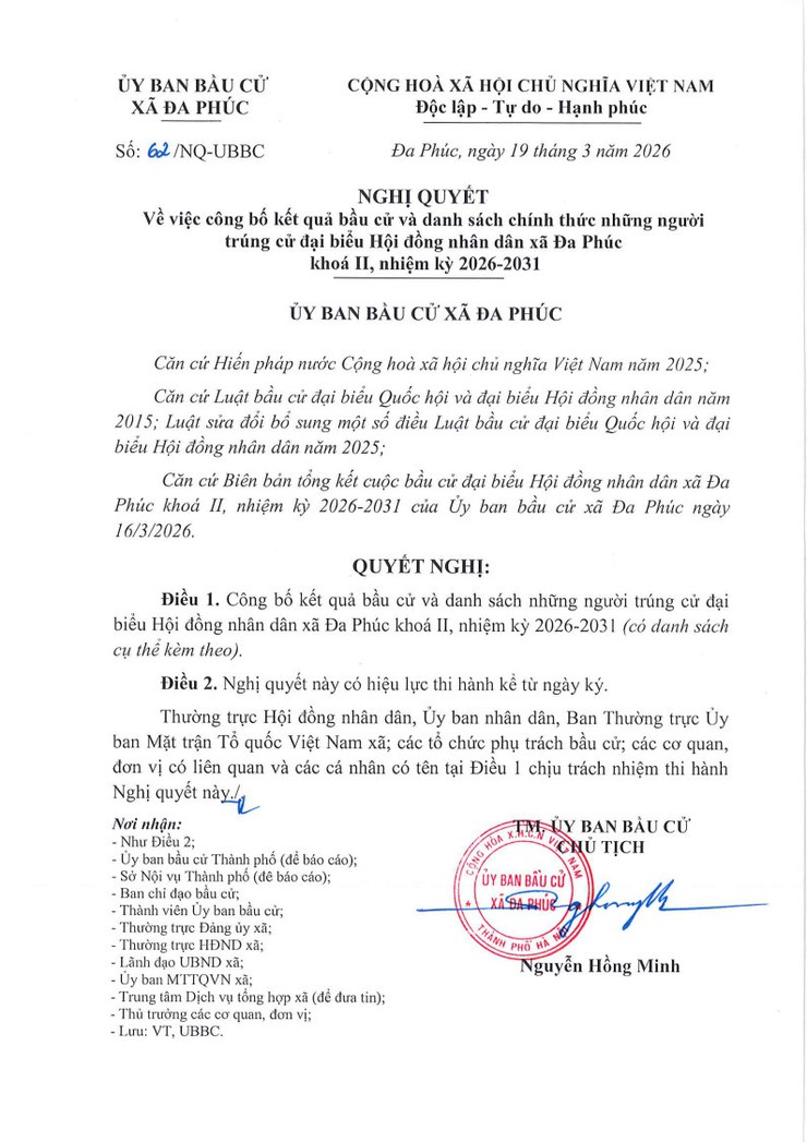 UỶ BAN BẦU CỬ XÃ ĐA PHÚC CÔNG BỐ KẾT QUẢ BẦU CỬ VÀ DANH SÁCH CHÍNH THỨC NHỮNG NGƯỜI TRÚNG CỬ ĐẠI BIỂU HĐND XÃ ĐA PHÚC KHÓA II, NHIỆM KỲ 2026-2031- Ảnh 1.