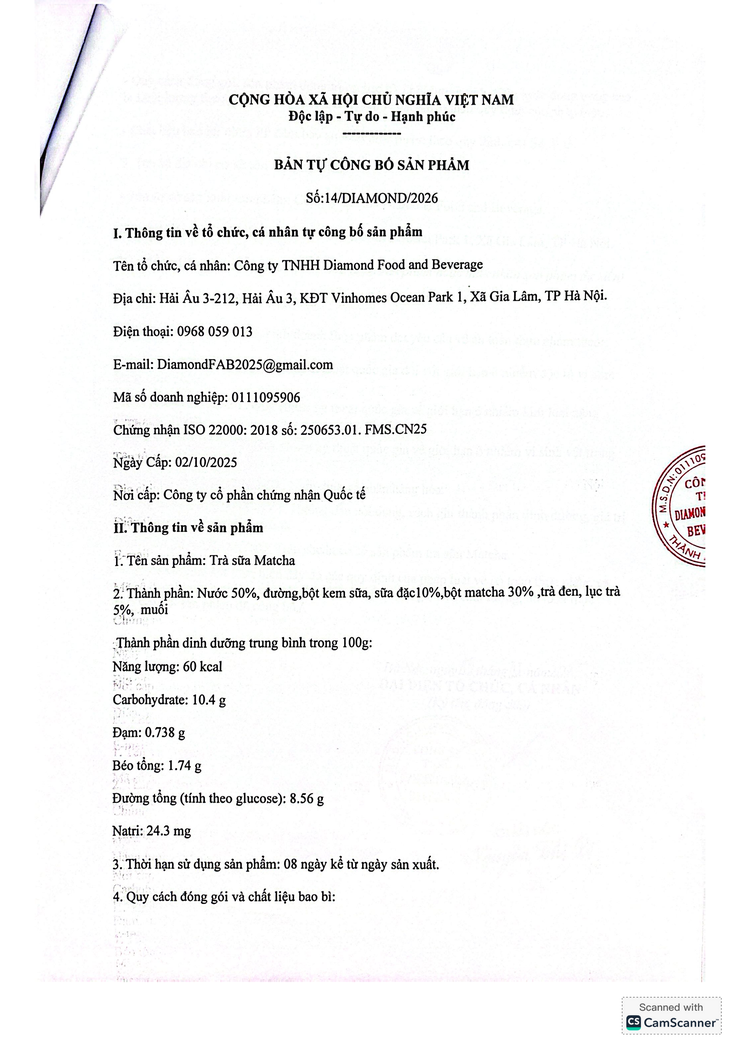 Bản tự công bố sản phẩm Trà sữa Matcha- Ảnh 6.