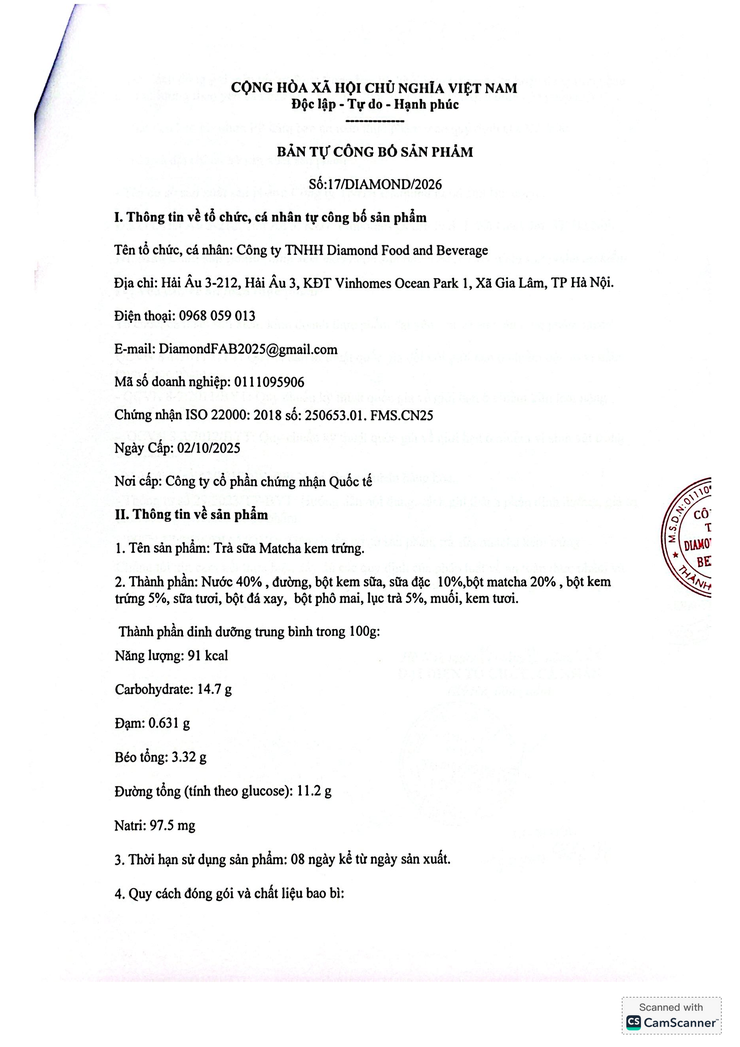 Bản tự công bố sản phẩm Trà sữa Matcha kem trứng- Ảnh 6.
