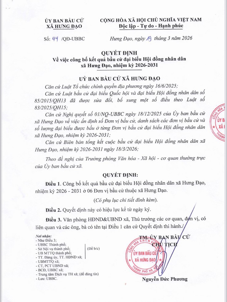 Công bố kết quả bầu cử đại biểu HĐND xã Hưng Đạo, nhiệm kỳ 2026-2031- Ảnh 1.
