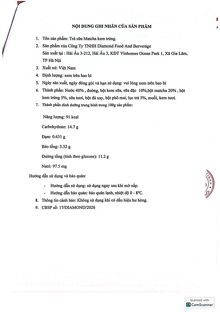 Bản tự công bố sản phẩm Trà sữa Matcha kem trứng- Ảnh 8.