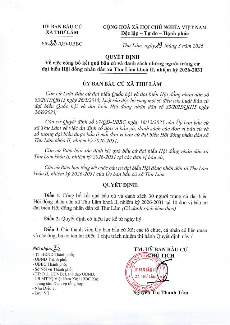 Ủy ban Bầu cử xã Thư Lâm Quyết định về việc công bố kết quả bầu cử và danh sách những người trúng cử đại biểu Hội đồng nhân dân xã Thư Lâm khóa II, nhiệm kỳ 2026-2031- Ảnh 1.