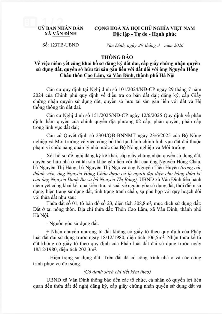 Thông báo về việc niêm yết công khai hồ sơ đăng ký đất đai, cấp giấy chứng nhận quyền sử dụng đất, quyền sở hữu tài sản gắn liền với đất đối với ông Nguyễn Hồng
Châu thôn Cao Lãm, xã Vân Đình, thành phố Hà Nội- Ảnh 1.