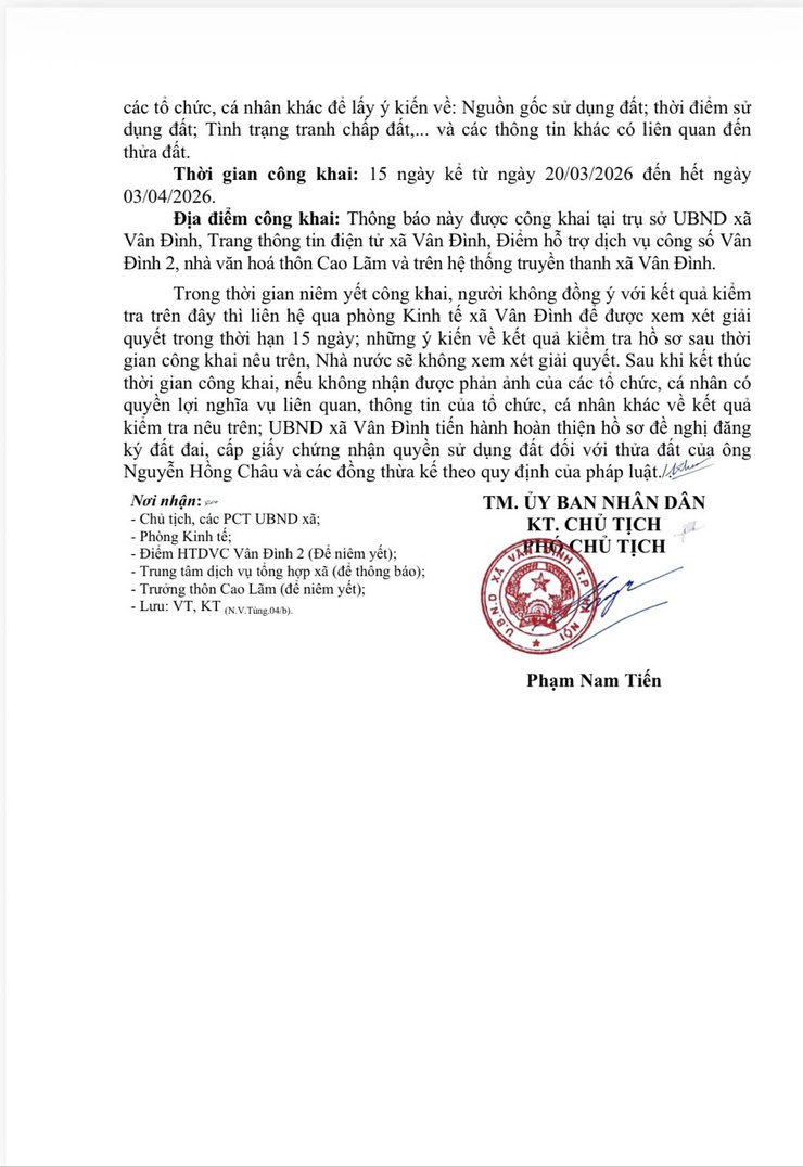 Thông báo về việc niêm yết công khai hồ sơ đăng ký đất đai, cấp giấy chứng nhận quyền sử dụng đất, quyền sở hữu tài sản gắn liền với đất đối với ông Nguyễn Hồng
Châu thôn Cao Lãm, xã Vân Đình, thành phố Hà Nội- Ảnh 2.