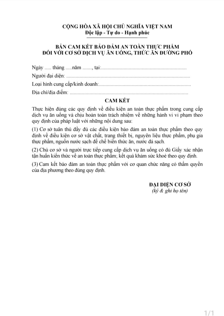 Bản cam kết bảo đảm an toàn thực phẩm đối với cơ sở dịch vụ ăn uống, thức ăn đường phố- Ảnh 1.