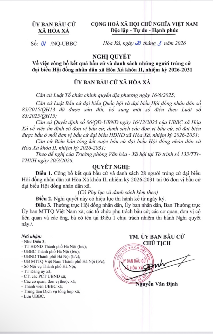 ỦY BAN BẦU CỬ XÃ HÒA XÁ BAN HÀNH NGHỊ QUYẾT CÔNG BỐ KẾT QUẢ BẦU CỬ VÀ DANH SÁCH 28 NGƯỜI TRÚNG CỬ ĐẠI BIỂU HỘI ĐỒNG NHÂN DÂN XÃ KHÓA II, NHIỆM KỲ 2026 – 2031- Ảnh 1.