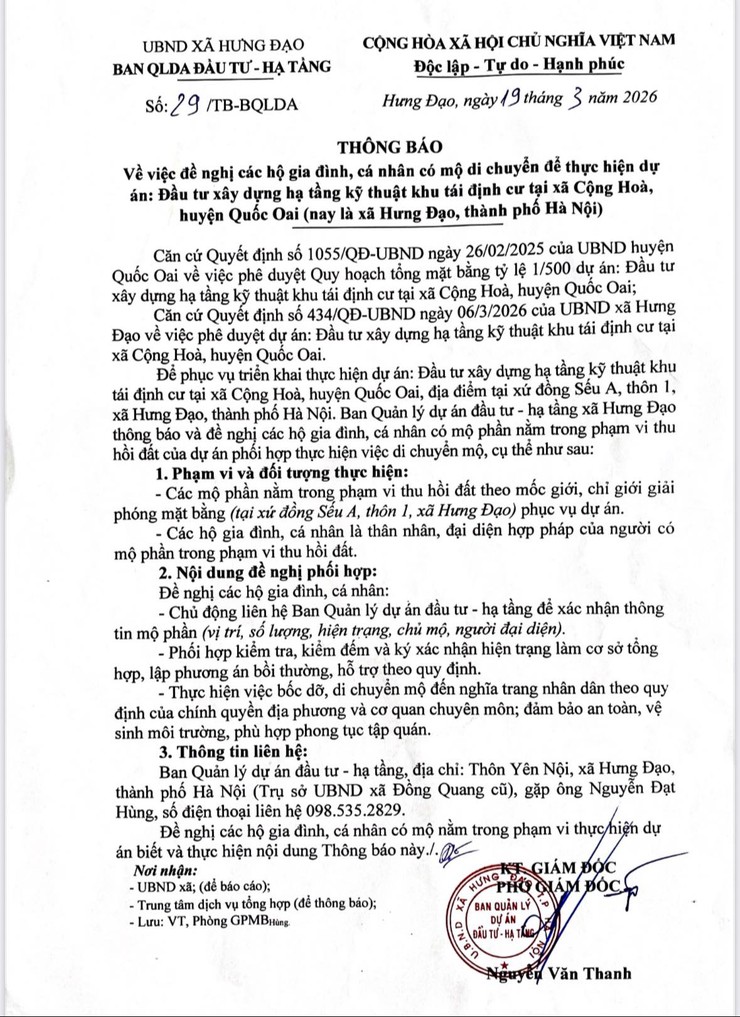 THÔNG BÁO
Về việc đề nghị các hộ gia đình, cá nhân có mộ di chuyển để thực hiện dự án: Đầu tư xây dựng hạ tầng kỹ thuật khu tái định cư tại xã Cộng Hòa, huyện Quốc Oai (nay là xã Hưng Đạo, thành phố Hà Nội)- Ảnh 1.