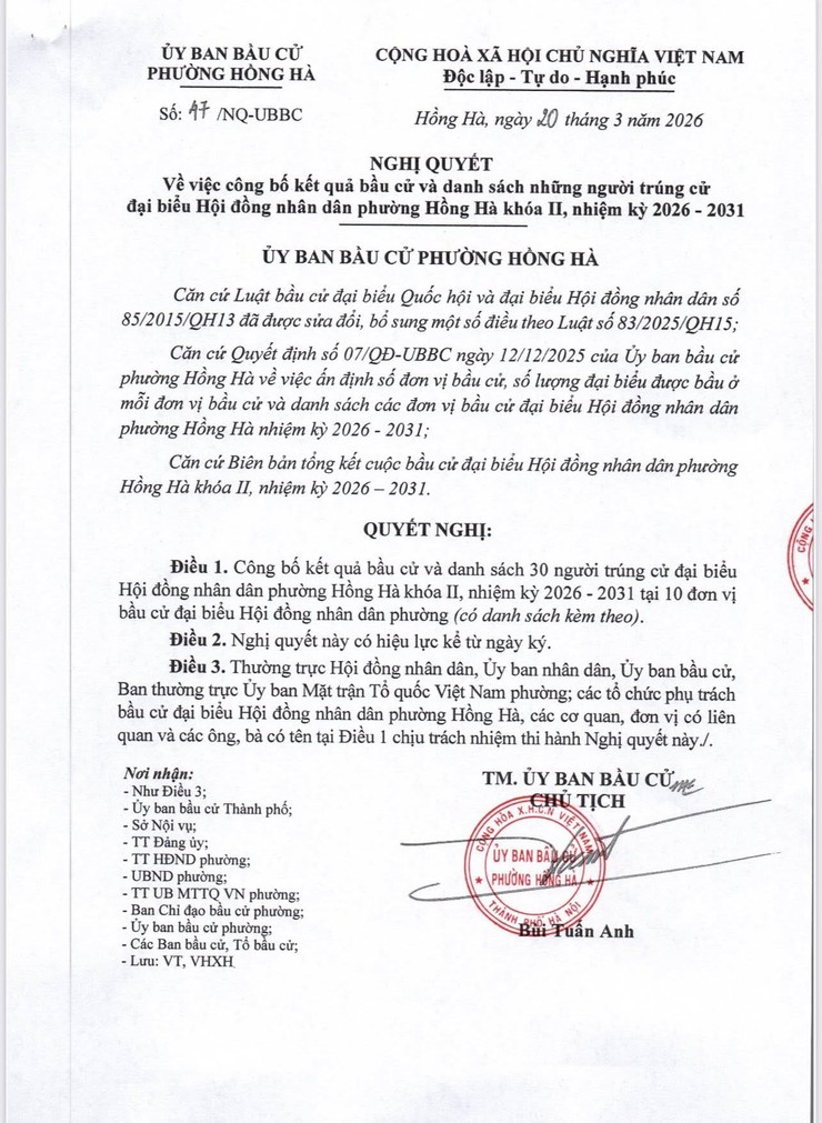 ỦY BAN BẦU CỬ PHƯỜNG HỒNG HÀ CÔNG BỐ DANH SÁCH  30 NGƯỜI TRÚNG CỬ ĐẠI BIỂU HĐND PHƯỜNG HỒNG HÀ KHÓA II, NHIỆM KỲ 2026 - 2031 - Ảnh 1.