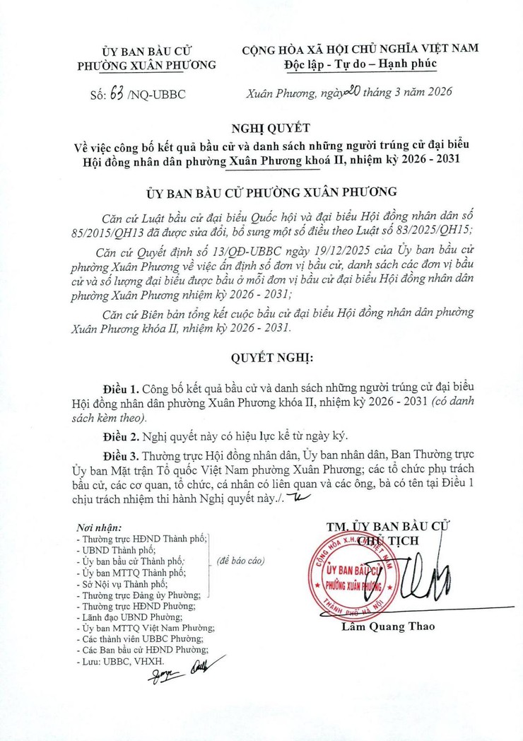 Công khai Nghị quyết công bố kết quả bầu cử và danh sách những người trúng cử đại biểu HĐND phường Xuân Phương khóa II, nhiệm kỳ 2026 – 2031- Ảnh 2.