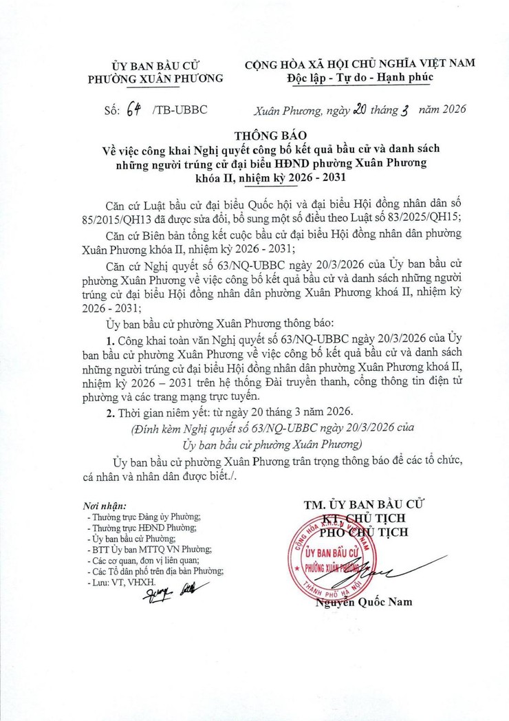 Công khai Nghị quyết công bố kết quả bầu cử và danh sách những người trúng cử đại biểu HĐND phường Xuân Phương khóa II, nhiệm kỳ 2026 – 2031- Ảnh 1.