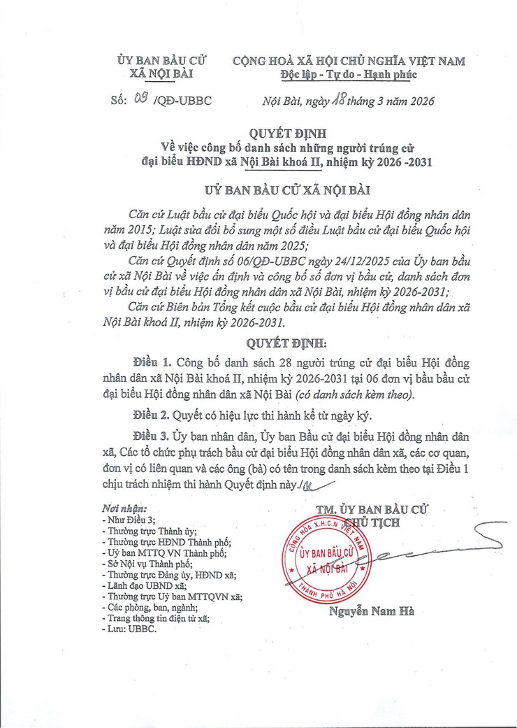 QUYẾT ĐỊNH CÔNG BỐ DANH SÁCH NHỮNG NGƯỜI TRÚNG CỬ ĐẠI BIỂU HĐND XÃ NỘI BÀI KHÓA II, NHIỆM KỲ 2026 - 2031- Ảnh 1.