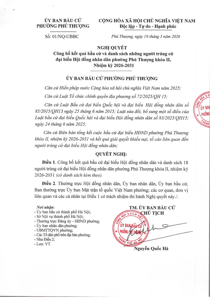 Phường Phú Thượng công bố kết quả bầu cử và danh sách những người trúng cử đại biểu HĐND phường khóa II, nhiệm kỳ 2026 – 2031- Ảnh 1.
