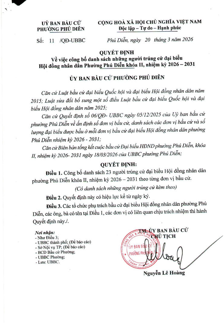 Quyết định về việc công bố danh scsh những người trúng cử đại biểu Hội đồng nhân dân phường Phú Diễn khóa II, nhiệm kỳ 2026-2031- Ảnh 1.