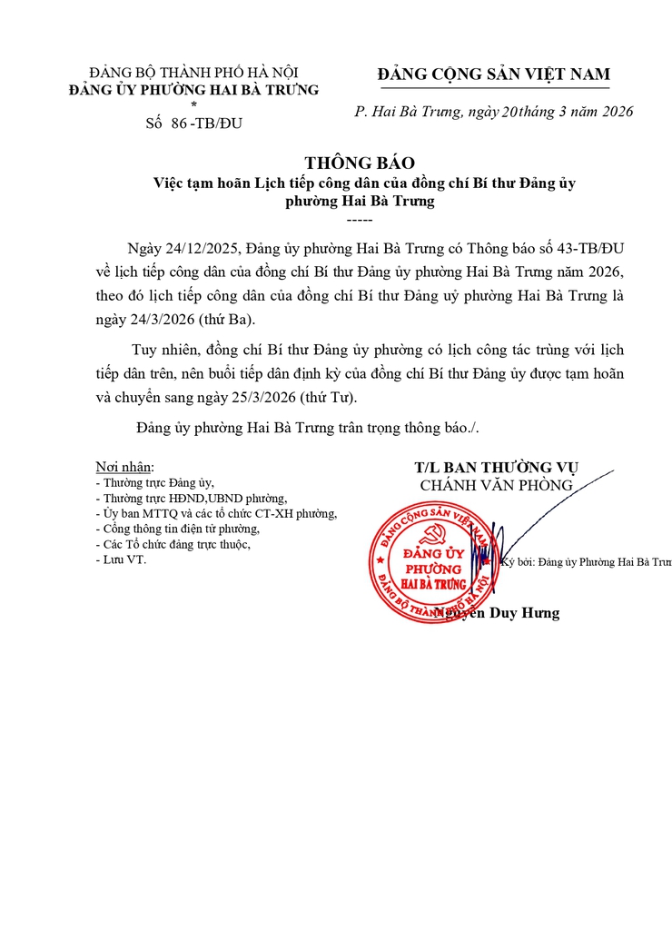 Tạm hoãn Lịch tiếp công dân của đồng chí Bí thư Đảng ủy phường Hai Bà Trưng.- Ảnh 1.