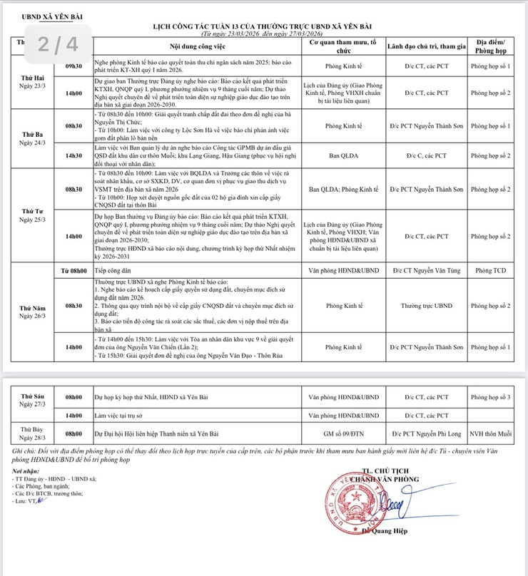 LỊCH CÔNG TÁC TUẦN CỦA THƯỜNG TRỰC UBND XÃ YÊN BÀI- Ảnh 1.